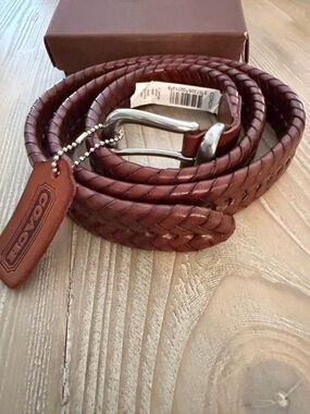 Coach Men’s Braided Leather Belt - Brown with Silver Buckle